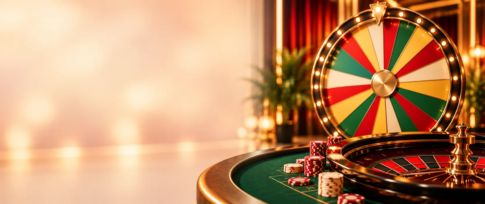 Mesa de ruleta en vivo con una rueda de premios iluminada al fondo de un estudio