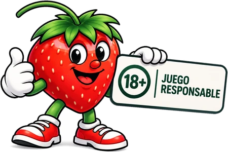 La frutilla de Frutillabet con un cartel que dice 18+ Juego responsable